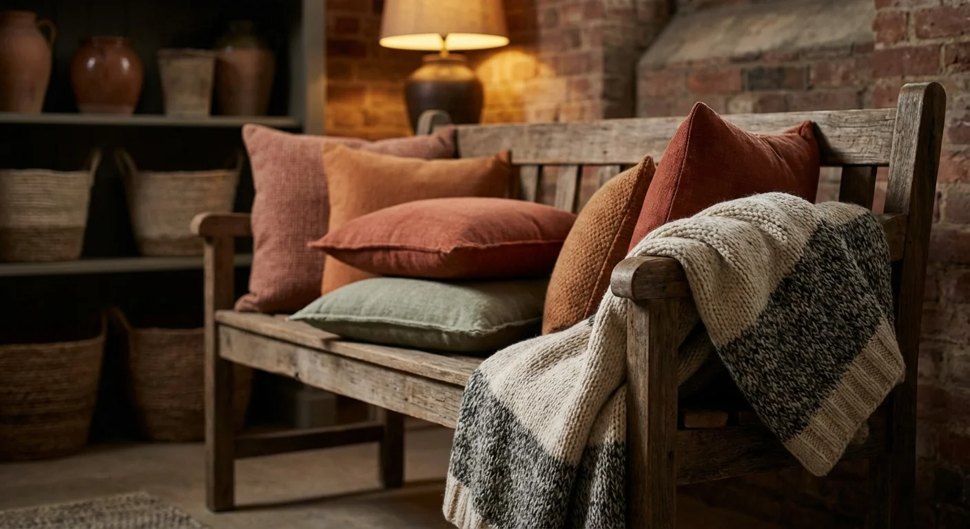 A collection of terracotta and sage green pillows and a knit throw on a wooden bench.