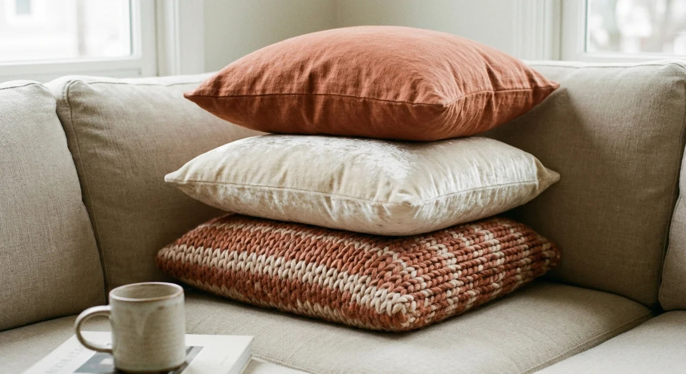 A collection of textured pillows in warm tones stacked on a sofa.