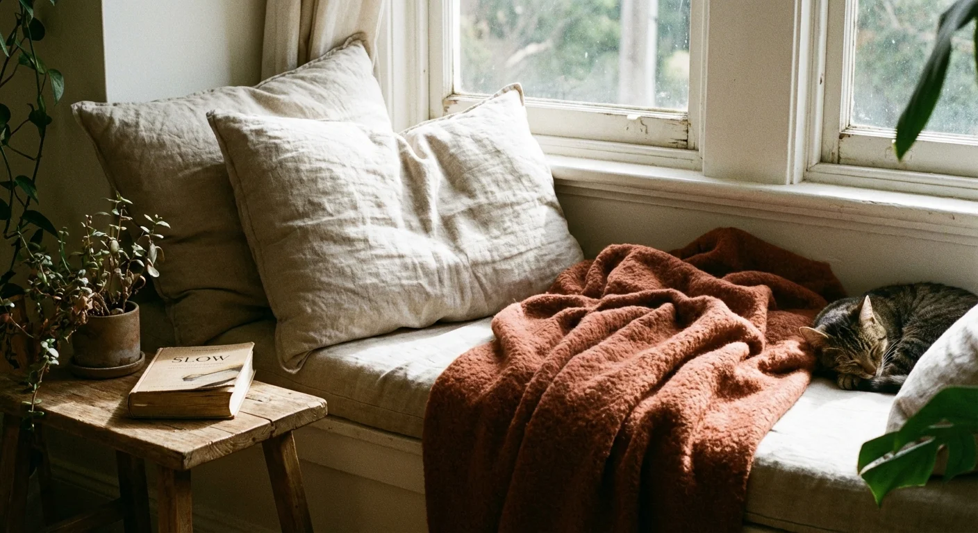 A comfortable window seat with soft pillows and a blanket for resting.