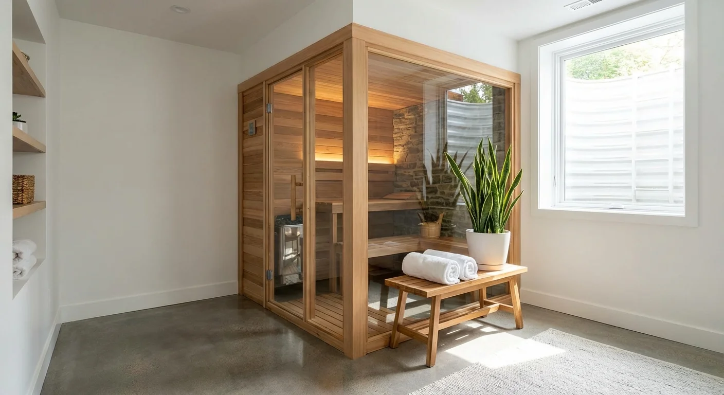 A compact home sauna installed in a clean, organized basement corner.