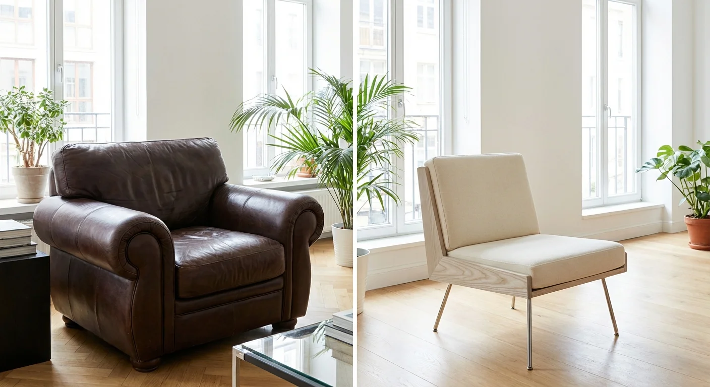 A comparison between a bulky armchair and a streamlined chair to show the impact of scale.