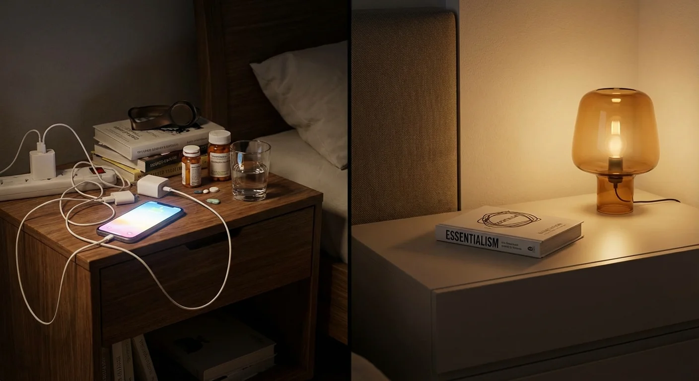 A comparison between a cluttered nightstand with a phone and a clean nightstand with a book.