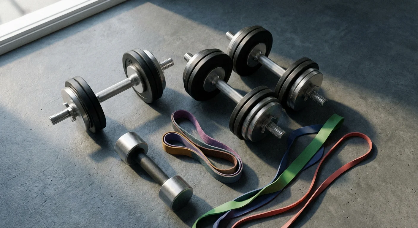A comparison of adjustable dumbbells and resistance bands on a modern floor.