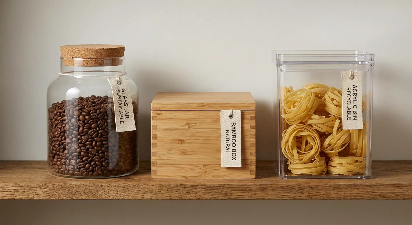 A comparison of glass, bamboo, and acrylic kitchen storage containers.