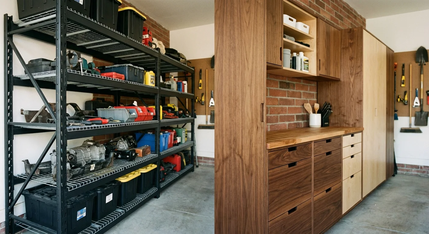 A comparison of metal shelving and modular wooden cabinets for garage storage.