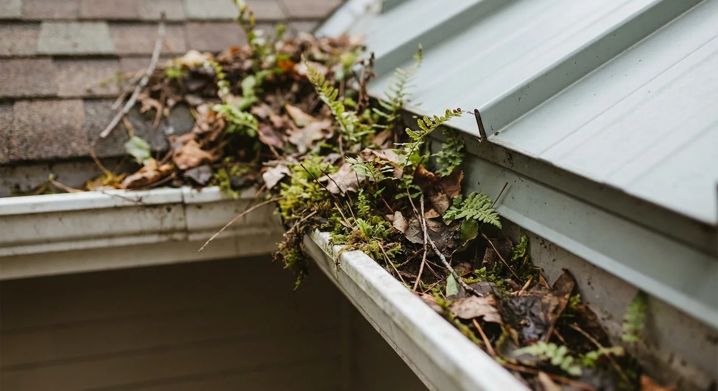 A comparison showing a clogged gutter with plants growing in it versus a clean gutter.