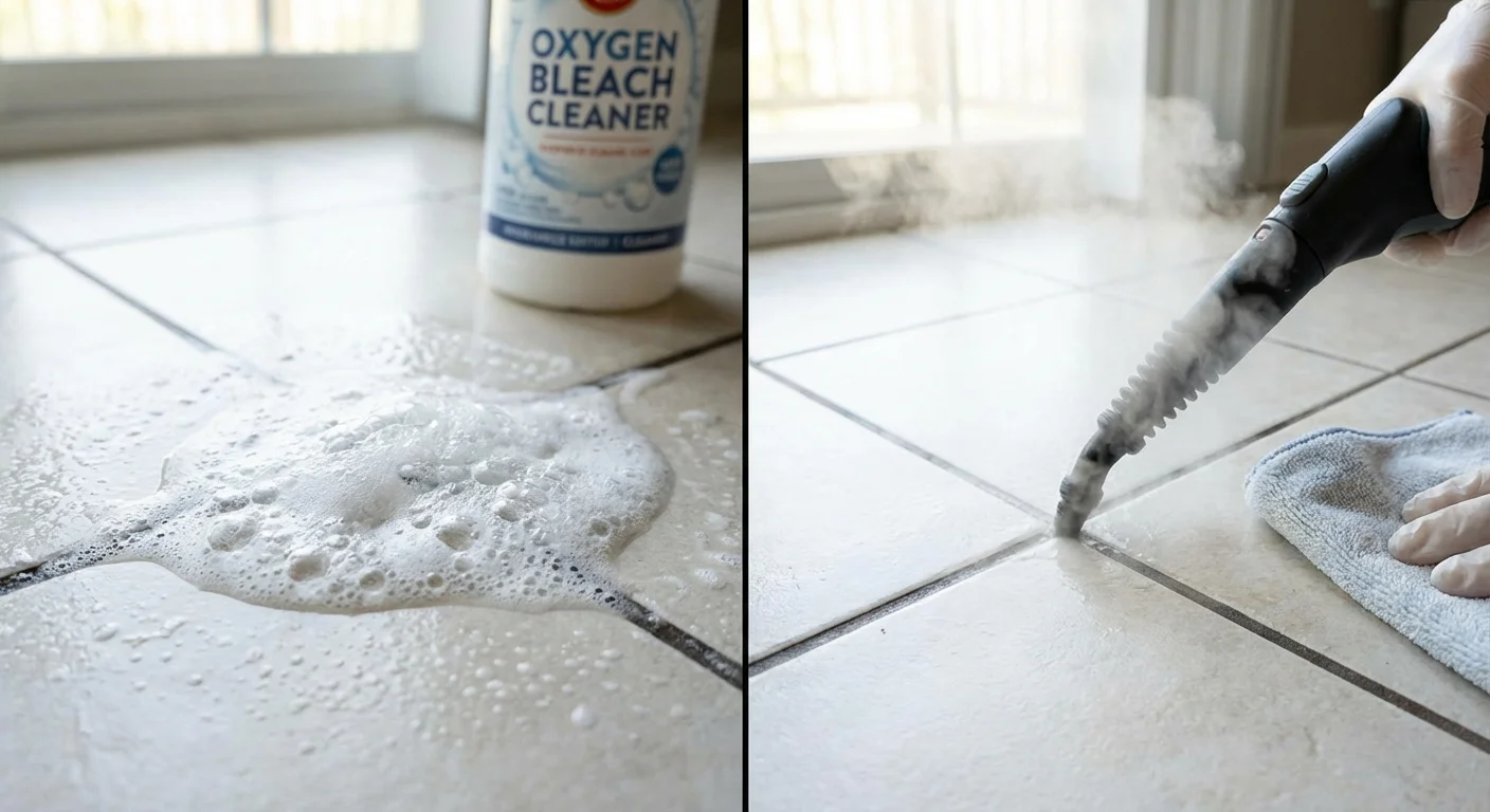 A comparison showing oxygen bleach foam on grout next to a steam cleaning nozzle.