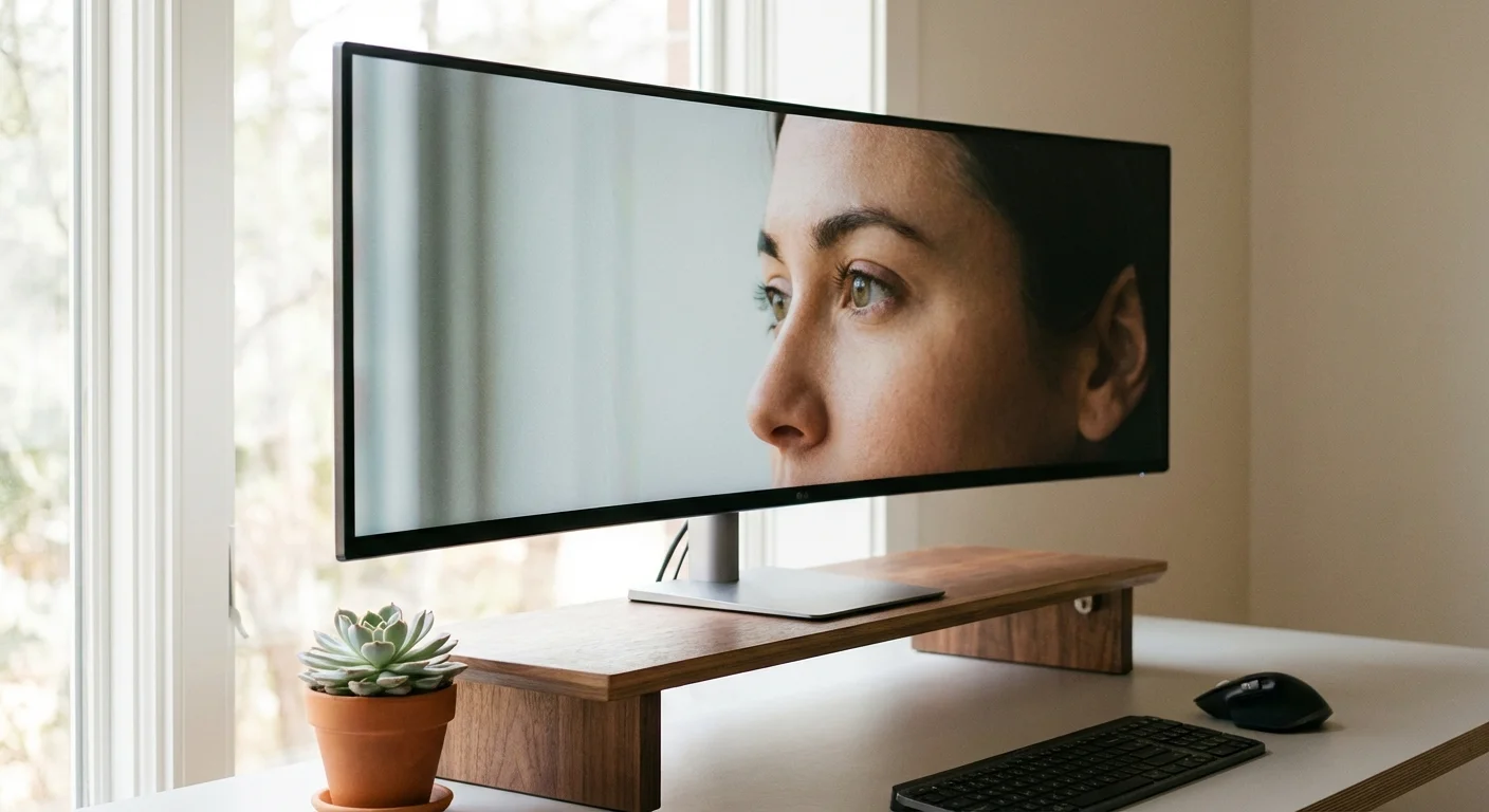 A computer monitor positioned at eye level on a wooden stand to prevent neck strain.