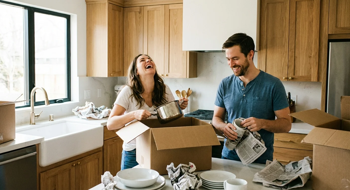 A couple packing kitchen items into a box together in a bright kitchen.