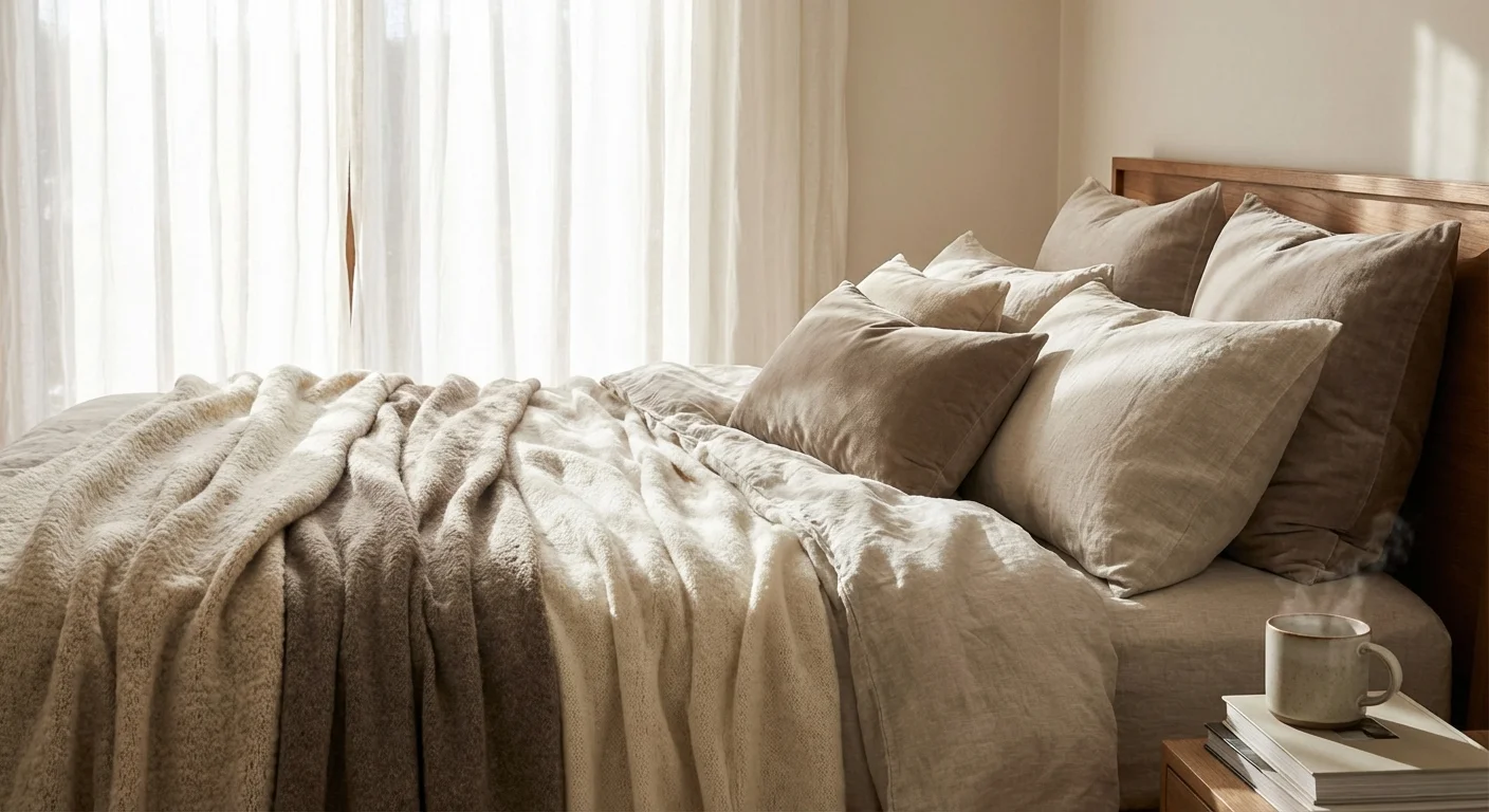 A cozy bed layered with thick blankets and linen sheets in soft natural light.