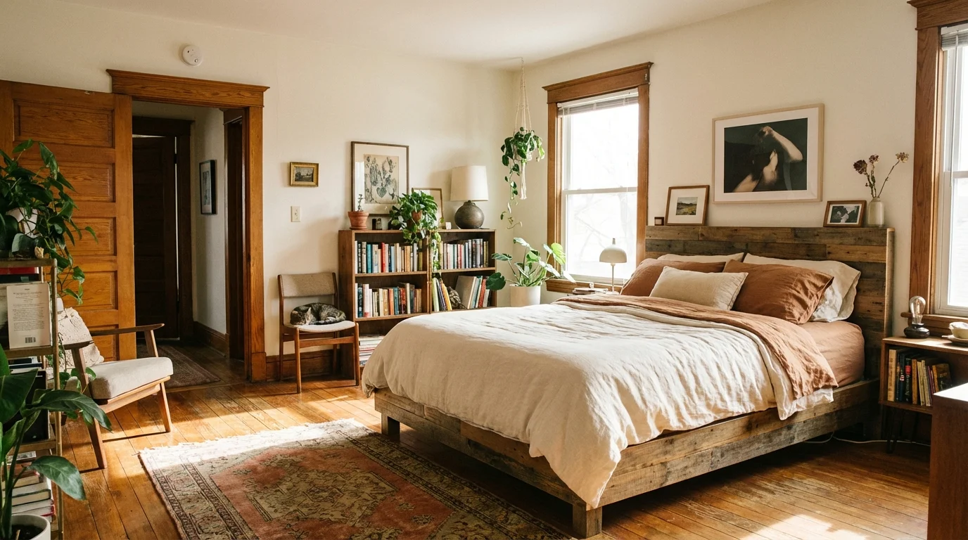 A cozy bedroom showing proper smoke detector placement above the door.