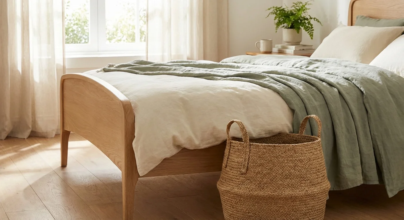 A cozy bedroom with linen bedding and a woven storage basket tucked neatly under a wooden bed frame.