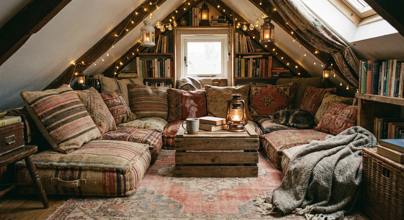 A cozy floor nook with cushions and a rug in an attic corner.