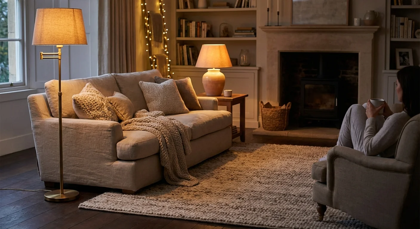 A cozy living room at dusk illuminated by warm, layered lighting from various lamps, creating a golden glow.