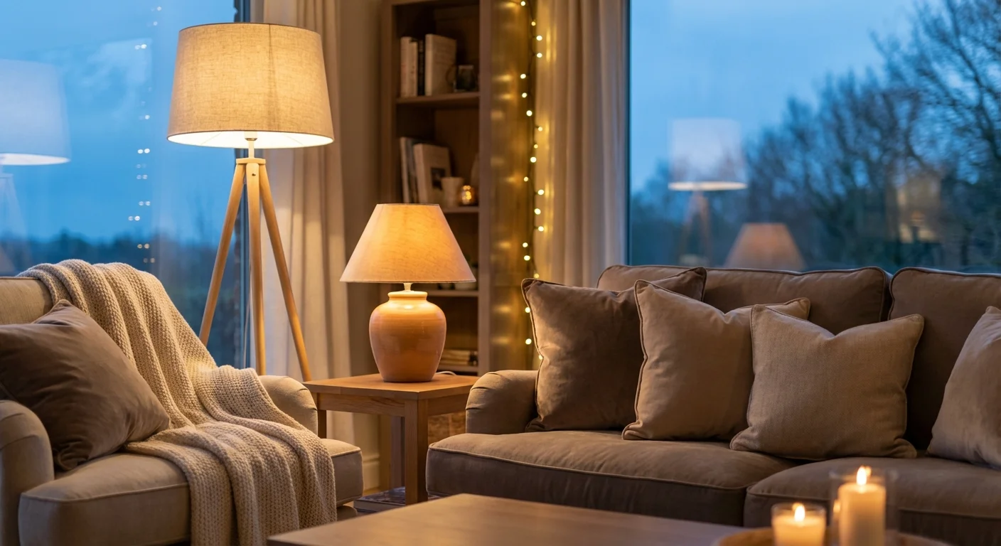 A cozy living room at night illuminated by warm, layered lamps creating an inviting atmosphere.