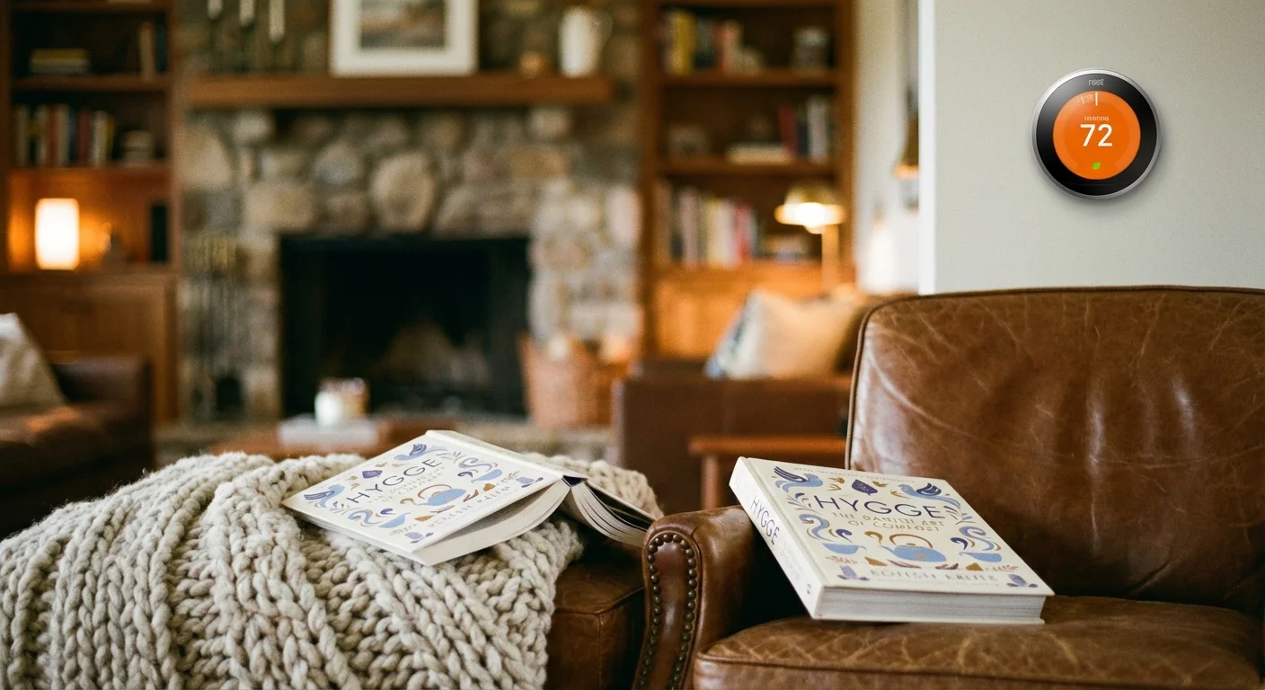 A cozy living room scene with a smart thermostat visible in the background.