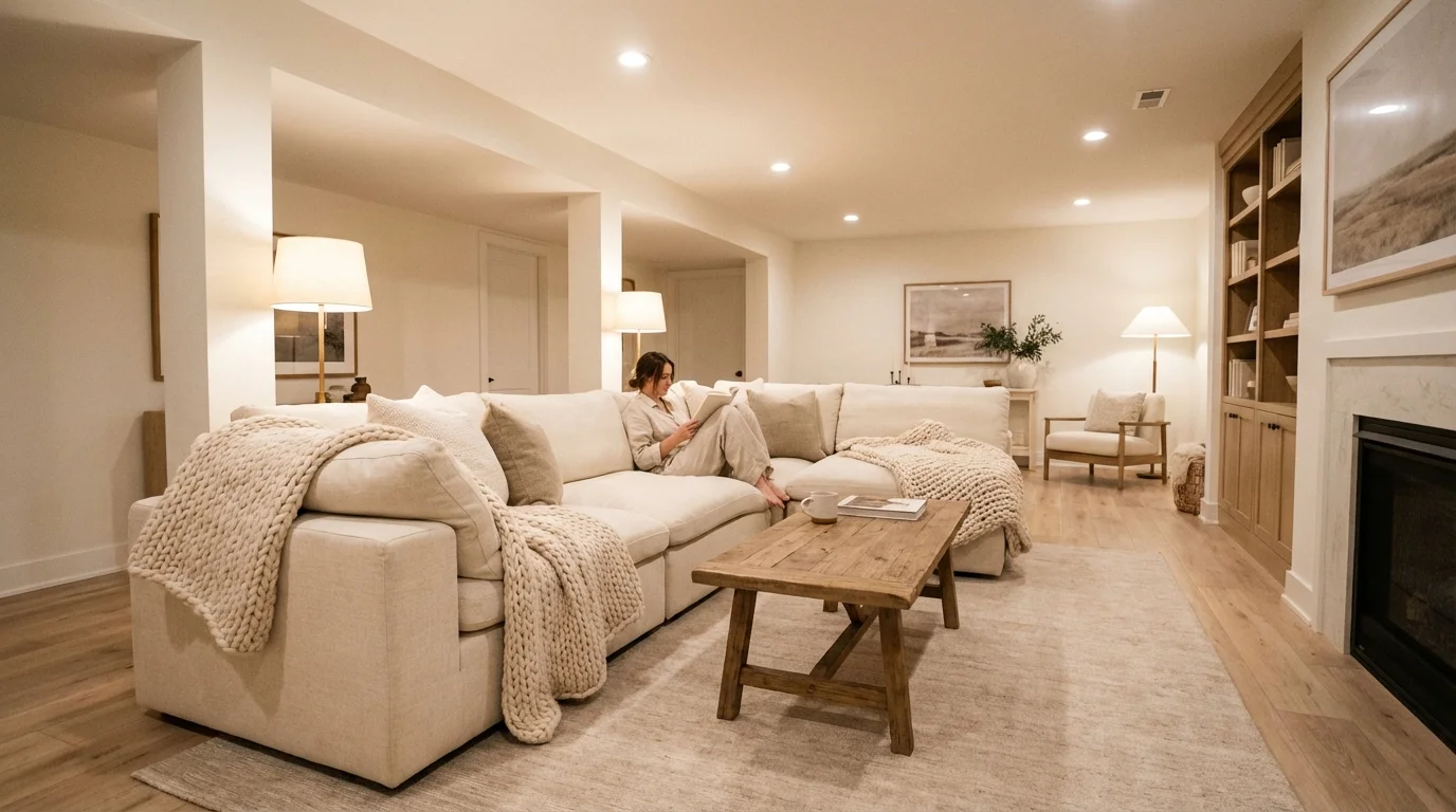 A cozy, modern finished basement with a plush cream sofa, warm lighting, and a person reading in a relaxing atmosphere.