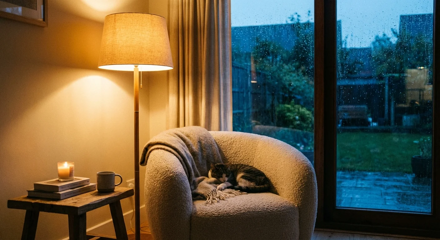 A cozy reading nook illuminated by a warm floor lamp at night.