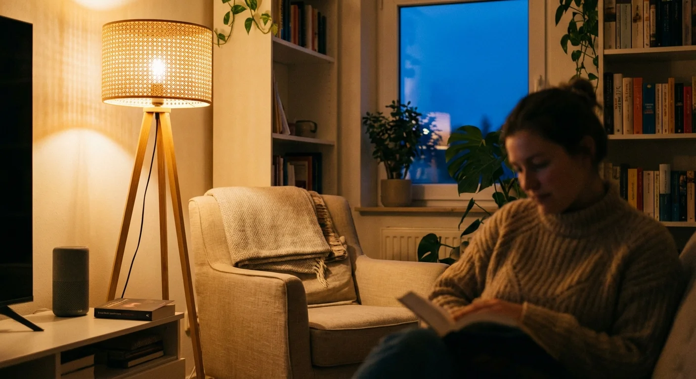 A cozy reading nook with a warm-toned smart lamp glowing next to a comfortable armchair.