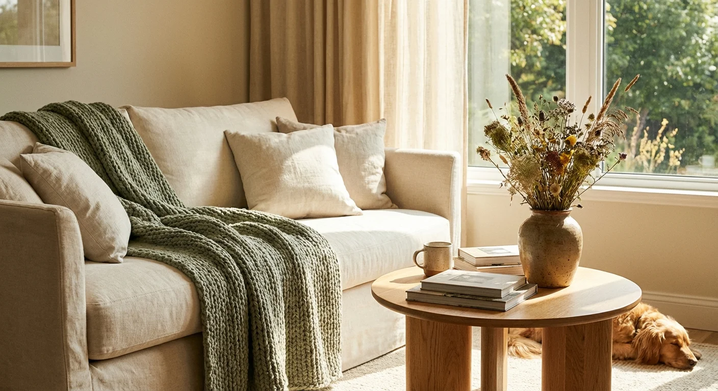 A cozy, sunlit living room corner with a cream sofa, green throw blanket, and a wooden coffee table.