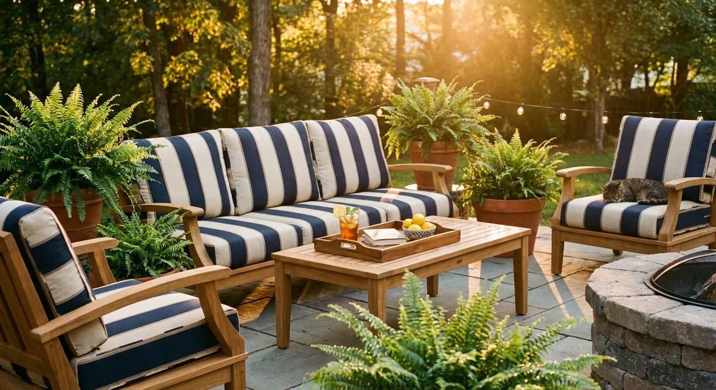 A cozy, well-maintained outdoor patio with wooden furniture and lush plants.