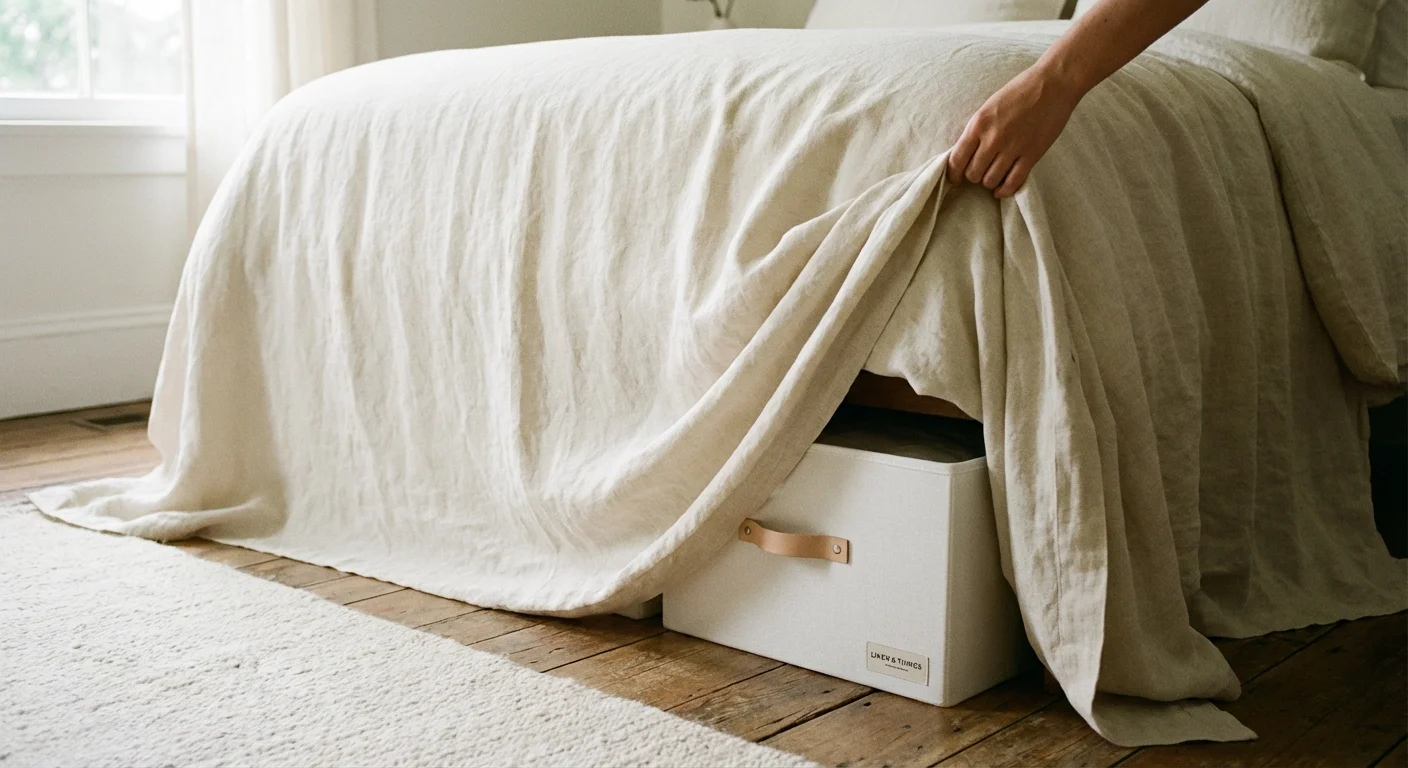 A cream linen bed skirt partially lifted to show a white storage box hidden underneath.