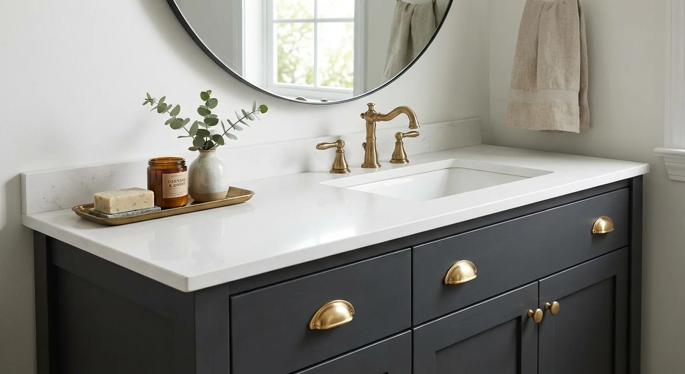 A dark painted bathroom vanity with modern gold handles and organized accessories.