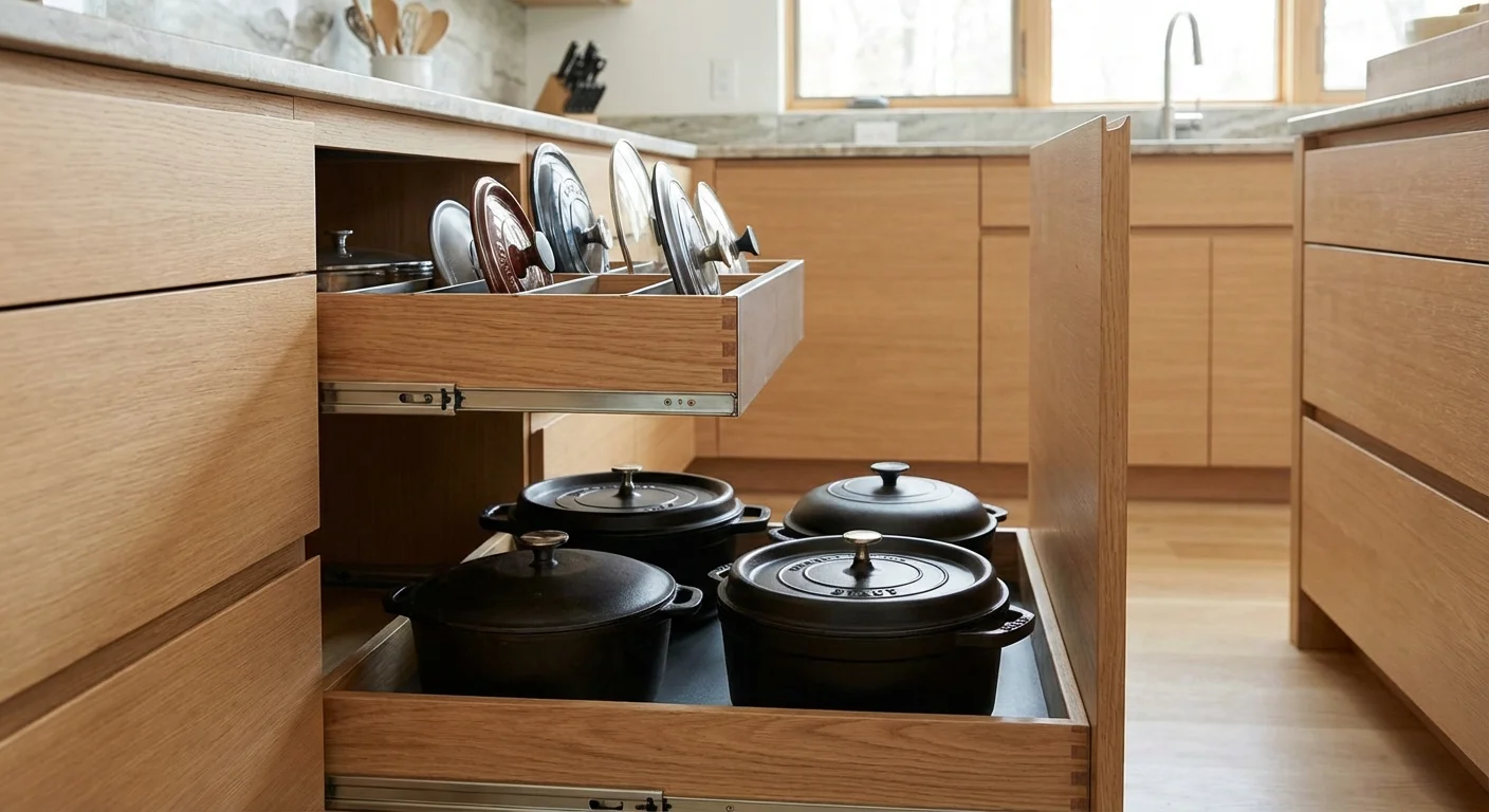A deep drawer with a two-tier sliding organizer for pots and lids.