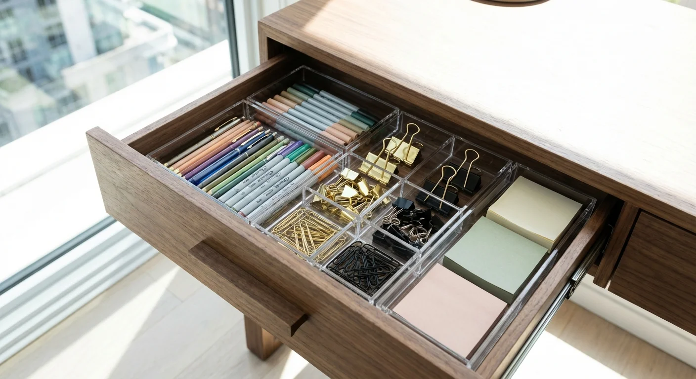 A desk drawer neatly organized with clear dividers and office supplies.