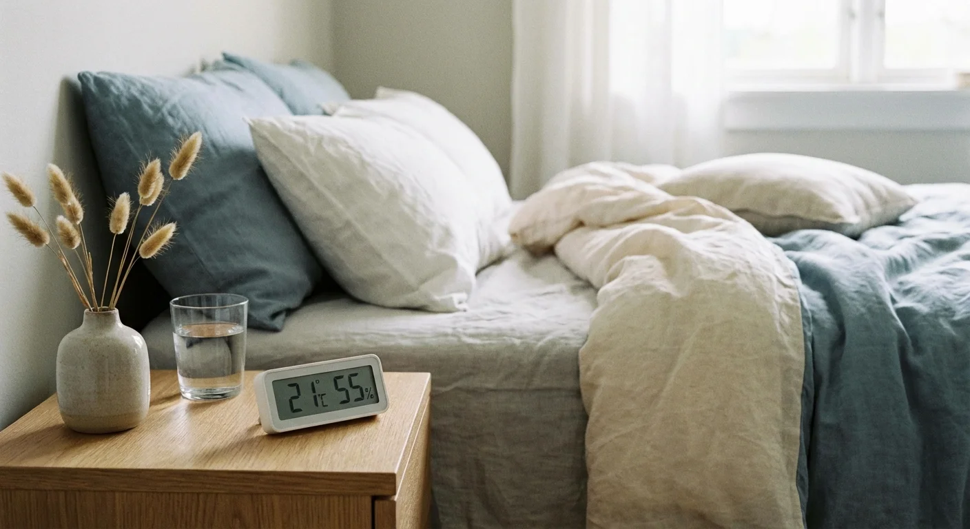 A digital humidity monitor on a bedside table in a peaceful bedroom.