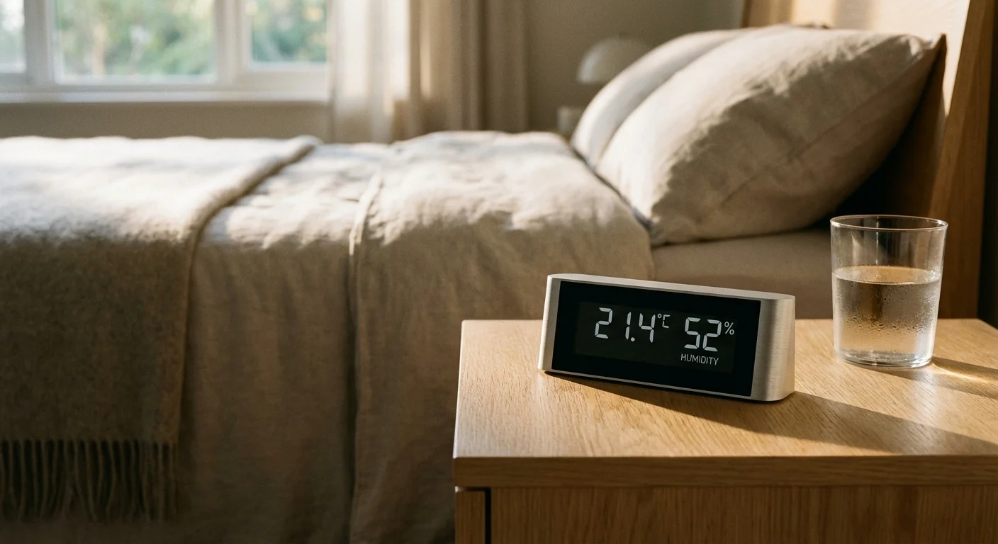 A digital thermometer on a wooden nightstand in a cozy, modern bedroom.