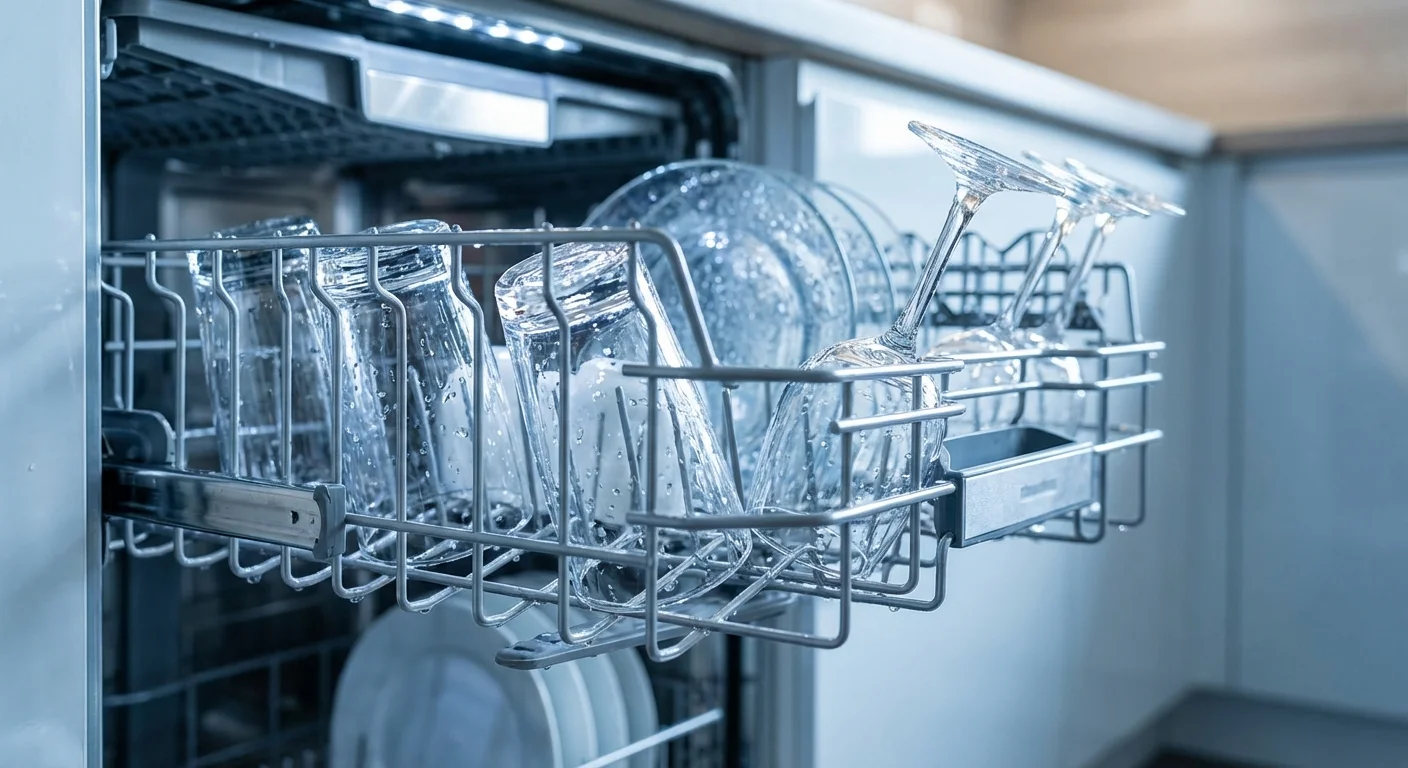 A dishwasher rack full of clean, sparkling glassware in a modern kitchen.