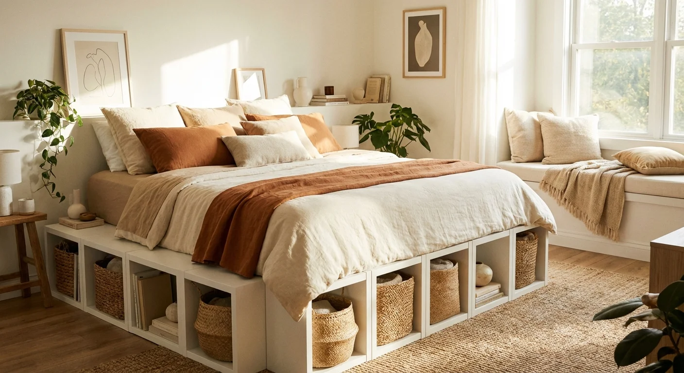 A DIY platform bed with built-in cubby storage and soft linen bedding.