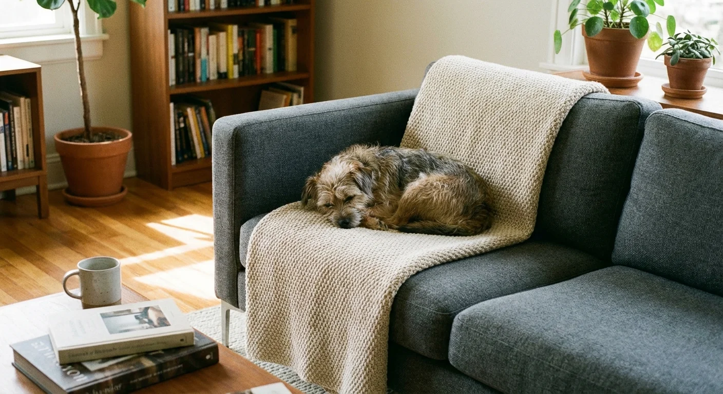A dog sleeping on a pet-friendly cotton throw blanket.