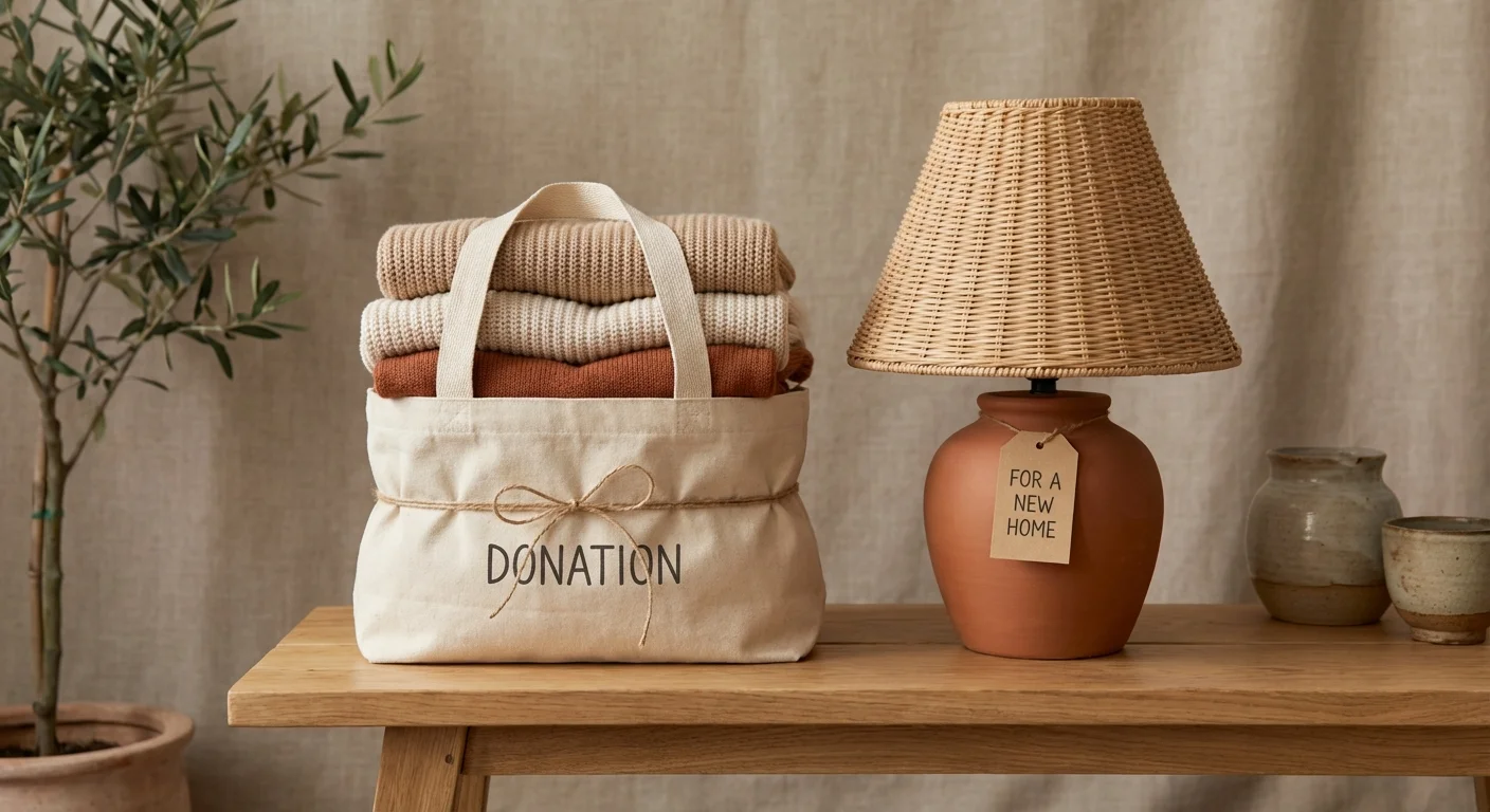 A donation bag and a vintage lamp prepared for sale in a minimalist room.