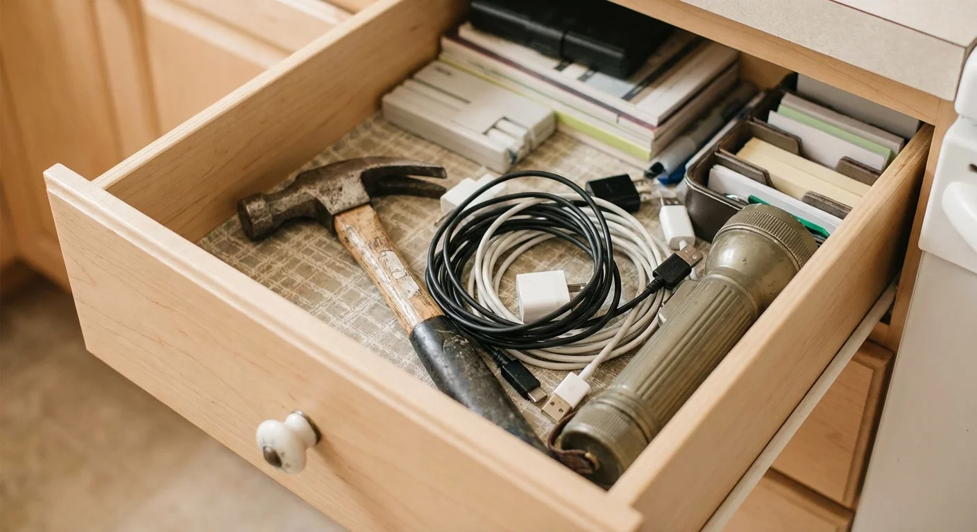 A drawer containing items that are too large for the space.