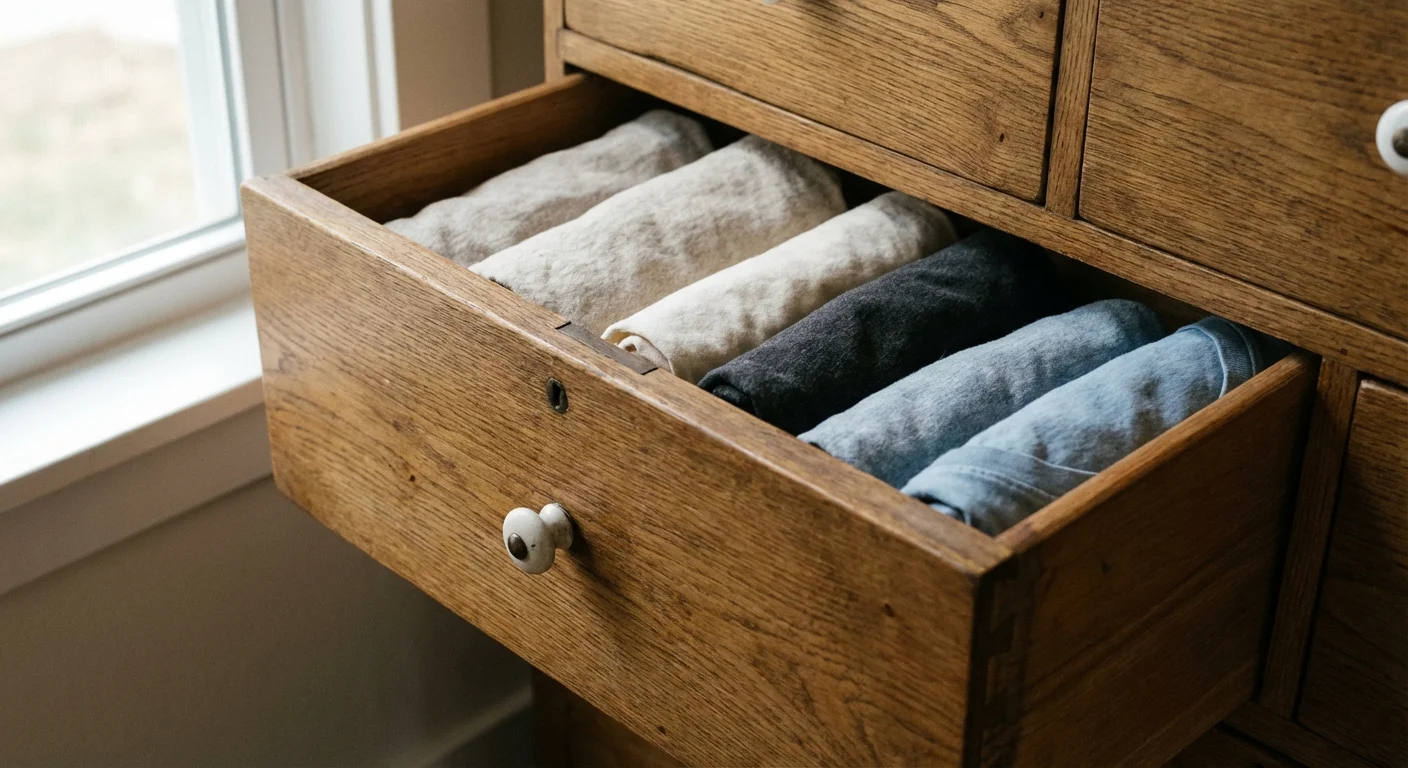 A dresser drawer with clothes neatly folded vertically in the KonMari style.