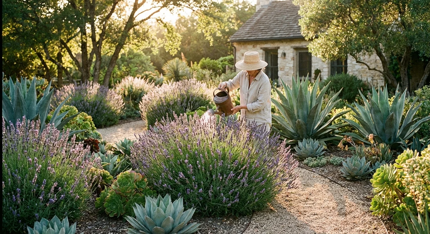 A drought-resistant garden with lavender and succulents in soft sunlight.