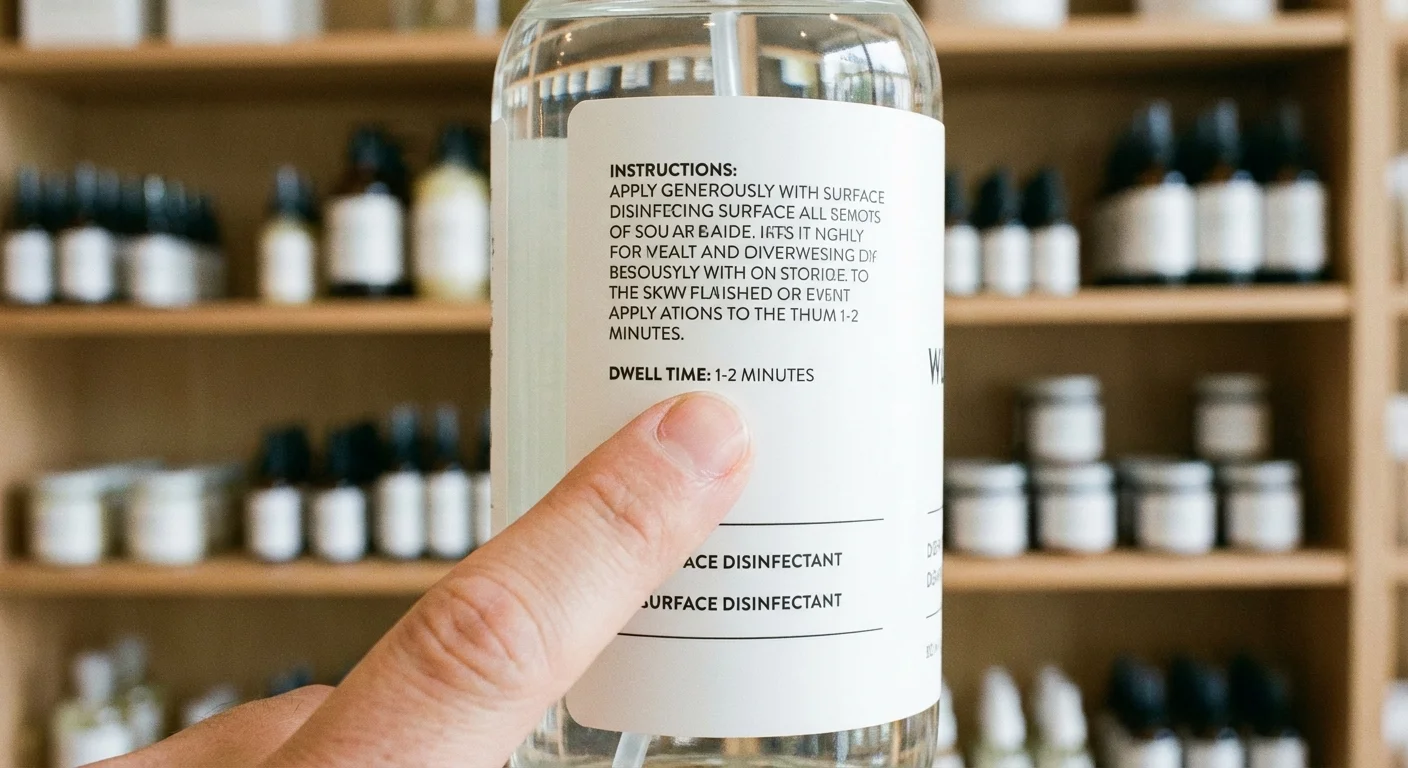 A finger pointing to instructions on a cleaning product bottle label.