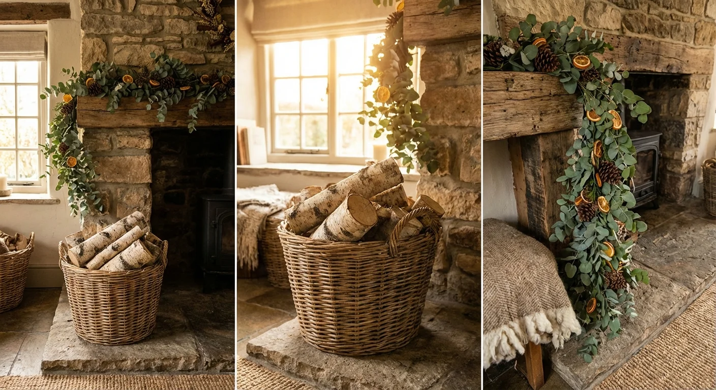 A fireplace decorated with fresh eucalyptus greenery and a basket of birch logs.