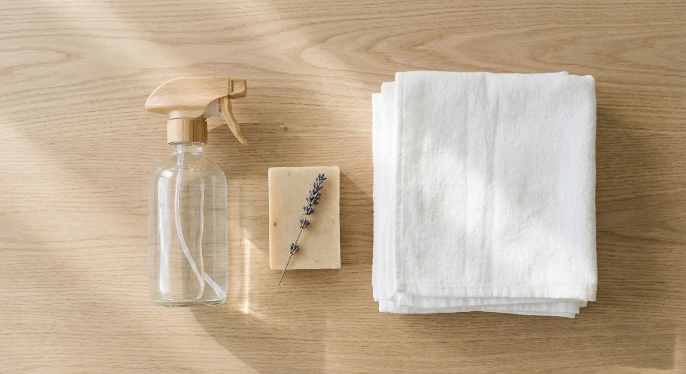 A flat lay of cleaning supplies including a spray bottle, soap, and white cloths.