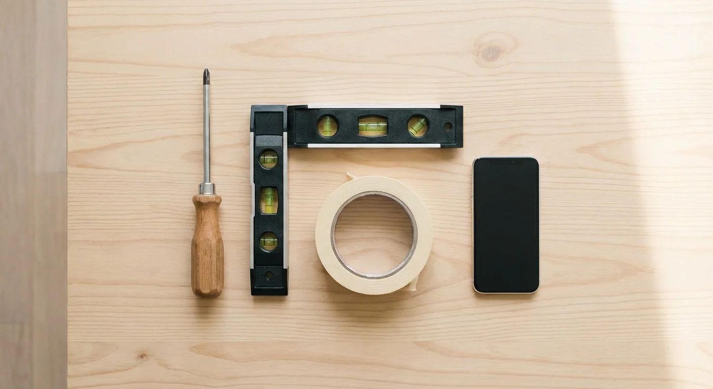A flat lay of DIY tools including a screwdriver, level, and tape on a wooden surface.