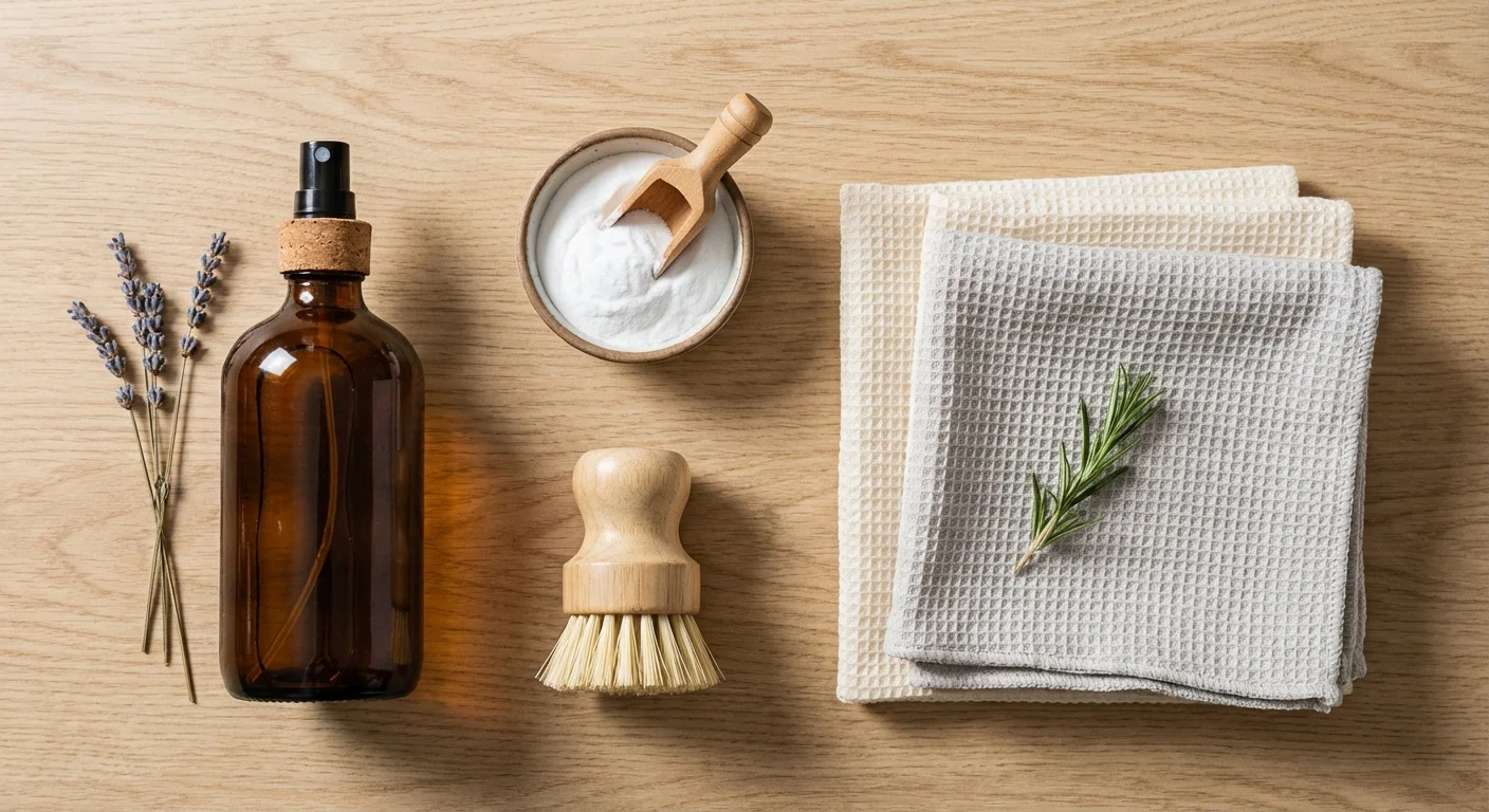 A flat lay of eco-friendly cleaning supplies and a wooden brush.