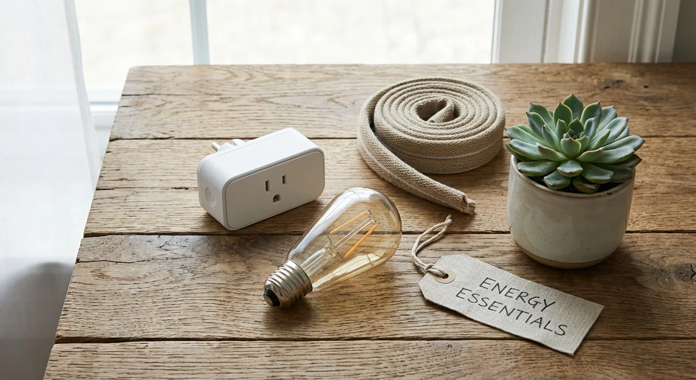 A flat lay of home energy-saving tools like LED bulbs and smart plugs on wood.