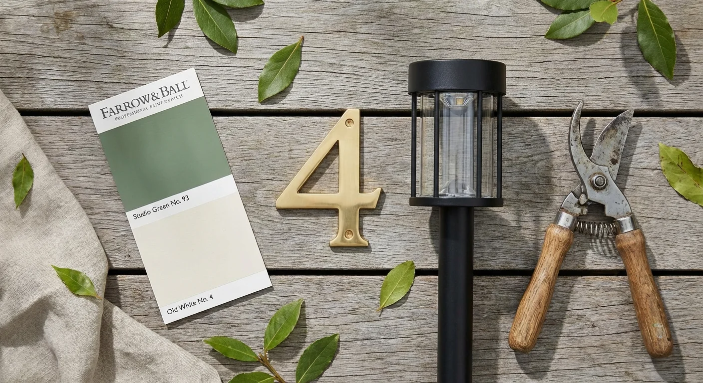 A flat-lay of home improvement items like paint and tools.