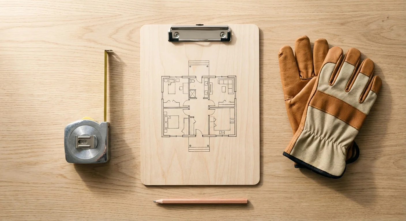 A flat lay of home improvement planning tools including a floor plan, tape measure, and work gloves.