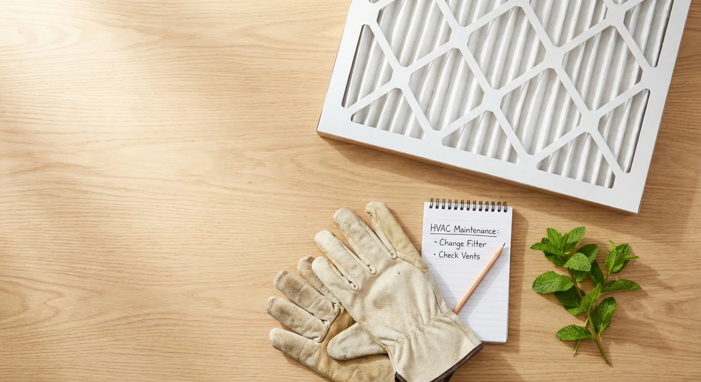 A flat lay of home maintenance essentials including an air filter and work gloves on a wooden surface.