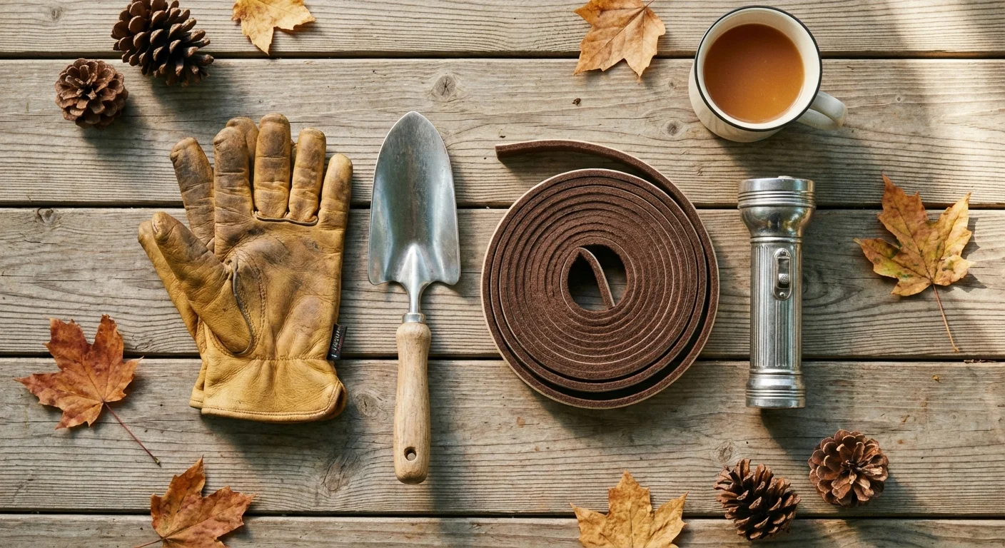 A flat lay of home maintenance tools including gloves and weatherstripping on wood.