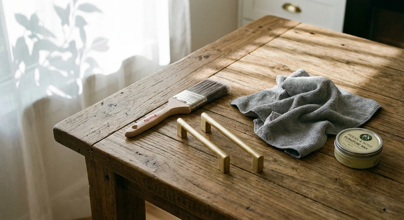 A flat lay of kitchen DIY tools including a paintbrush, gold hardware, and a cleaning cloth on a wood surface.
