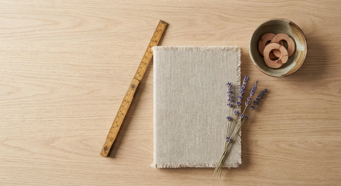 A flat lay of organization tools including a notebook, measuring tape, and cedar rings.